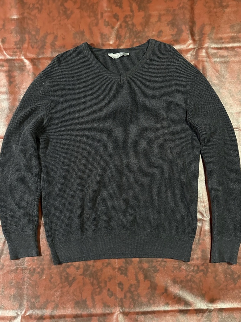 Denver Hayes 100% Cotton Waffle Knit Men's Dark Grey V-neck Sweater Large